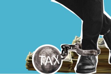 decorative illustration of man walking in shackle with tax inscription